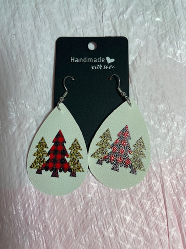 White Red Christmas Tree Faux Leather Earrings