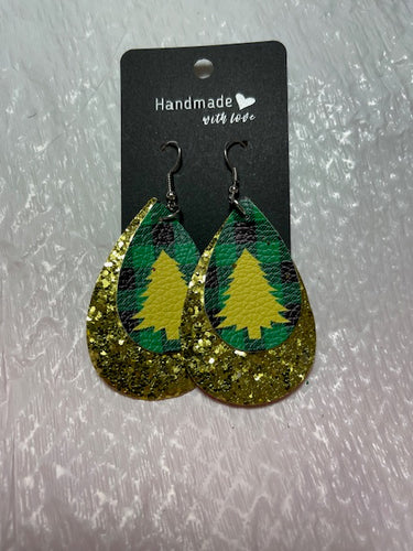 Gold Glitter Green Plaid Gold Christmas Earrings