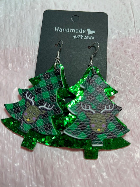 Faux Leather Green Glitter Green Plaid Tree Deer Christmas Faux Leather Earrings