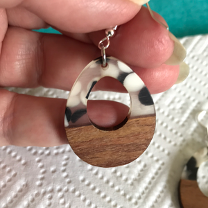 Wood and Resin with Black and White Dots Earrings