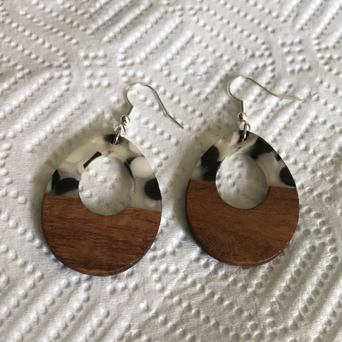 Wood and Resin with Black and White Dots Earrings